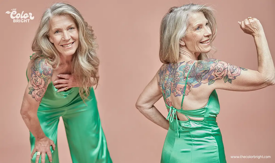 older lady with beautiful floral tattoos on arm and upper back