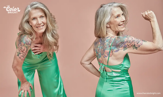 older lady with beautiful floral tattoos on arm and upper back